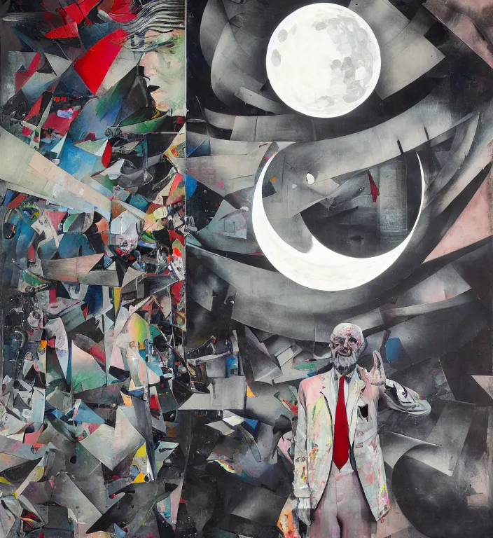 Image similar to decollage painting old white - headed man under the huge moon on a street of ruined city by adrian ghenie and takato yamamoto and edward hopper and mark ryden and tsutomu nihei, part by bridget riley, acrylic pour and splashing paint, very coherent, baroque elements, perfect anatomy, intricate design. pop art.