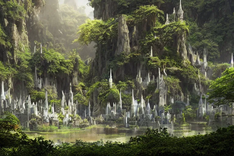 Image similar to An elven city at the base of a lush green hill with white monoliths surrounded by a moat, clear blue skies in the background, by Greg Rutkowski, Sung Choi, Mitchell Mohrhauser, Maciej Kuciara, Johnson Ting, Maxim Verehin, Peter Konig, 8k photorealistic, cinematic lighting, HD, high details, dramatic, trending on artstation