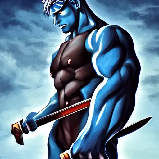 Image similar to four handed muscular man, blue skin, swords in hands, anime HD, anime,