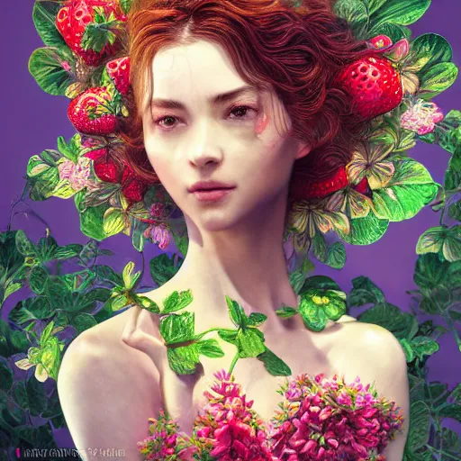 Prompt: the portrait of an absurdly beautiful, graceful, elegant, sophisticated woman made of strawberries and green petals, an ultrafine hyperdetailed illustration by kim jung gi, irakli nadar, intricate linework, bright colors, octopath traveler, final fantasy, unreal engine 5 highly rendered, global illumination, radiant light, detailed and intricate environment