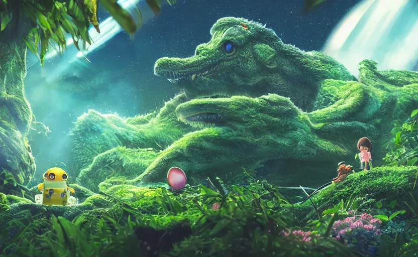 Image similar to a still of a cute adorable tiny astronaut, on a planet of lush foliage, with an enormous kaiju dragon surrounding the background, magical forest, sharp focus, neon backlit, highly detailed, disney pixar studio ghibli makoto shinkai, digital painting, matte, octane render, global illumination, iridescent, anime, 8 k concept art