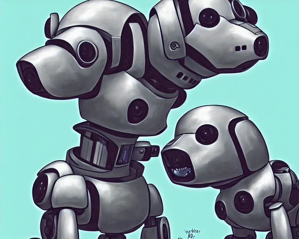 Prompt: a ( ( ( ( ( ( ( cute robot puppy cyborg ) ) ) ) ) ) ) illustration by aaron miller!!!!!!!!!!!!!!!