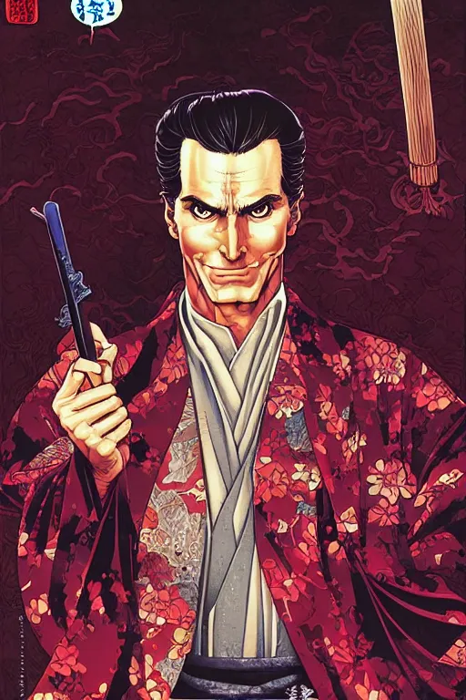 Image similar to poster of patrick bateman as a samurai, by yoichi hatakenaka, masamune shirow, josan gonzales and dan mumford, ayami kojima, takato yamamoto, barclay shaw, karol bak, yukito kishiro