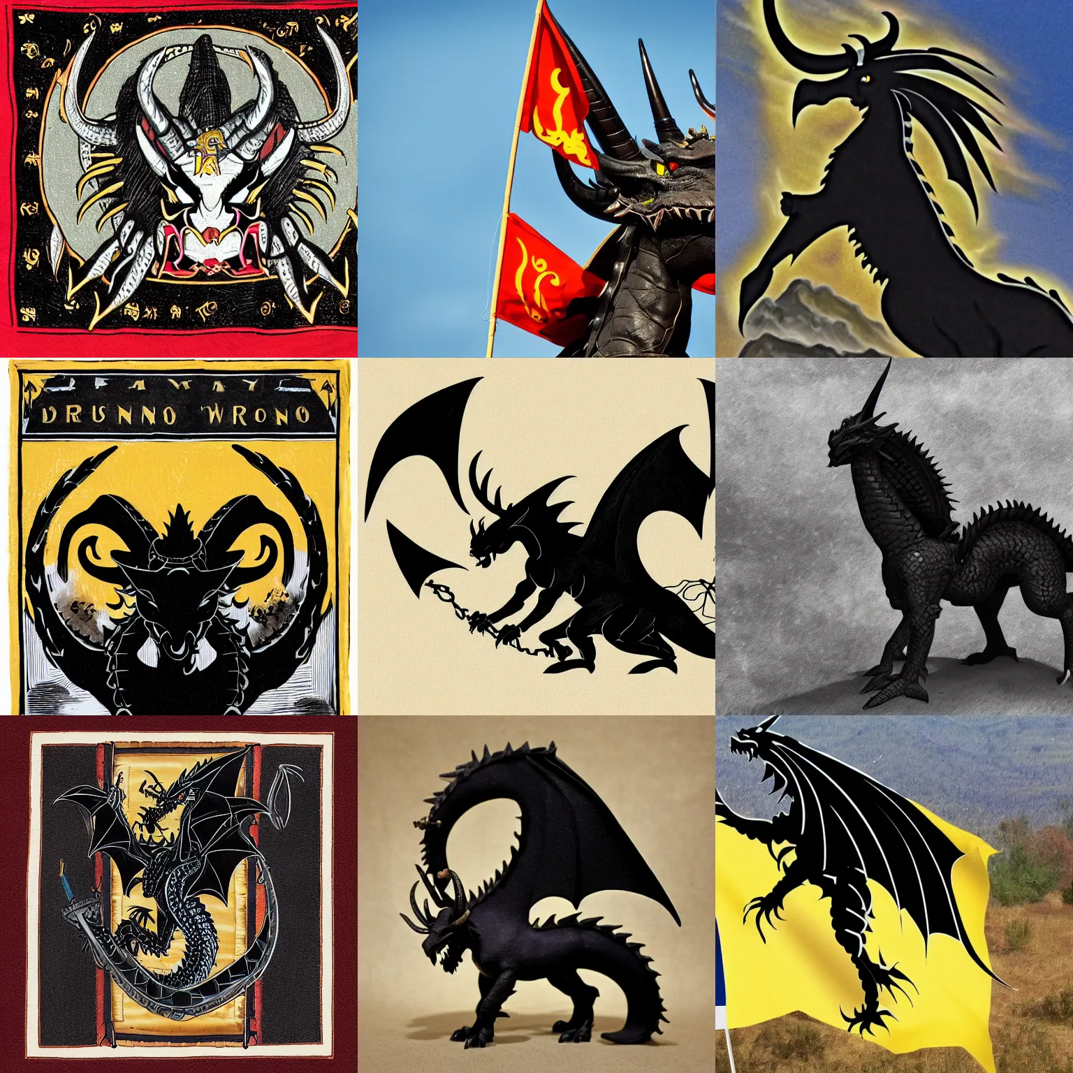 Image similar to a black western dragon with four horns waving a Haskell flag