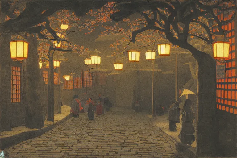 Image similar to painting of the streets of medieval japan at night, lanterns, cherry tree, by ludwig deutsch and maxfield parrish, patterned tilework, extremely detailed, cinematic lighting, smooth sharp focus