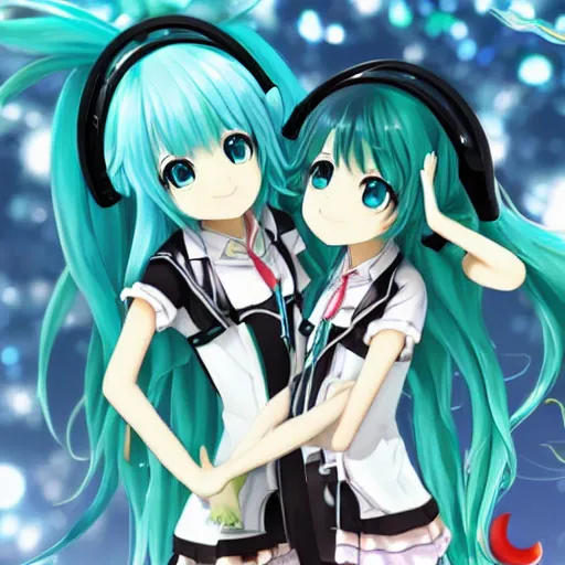 Image similar to hatsune miku and gumi hanging out having fun, best friends, detailed, anime