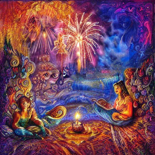 Image similar to album cover design by Josephine Wall, fireworks and cozy nook, digital art