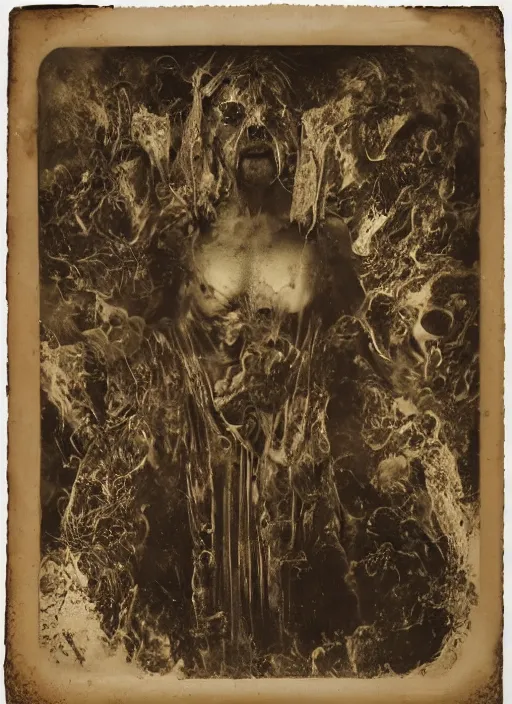 Prompt: old wetplate daguerreotype demons, devil, pain, anger, desolation, angel, throne, spear, explosion of data fragments, fractal, intricate, elegant, highly detailed, parallax, leica, medium format, subsurface scattering, by jheronimus bosch and greg rutkowski and louis jacques mande daguerre