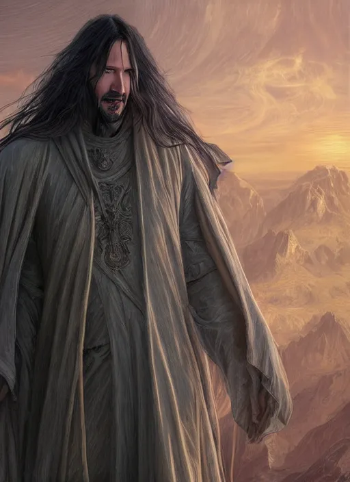 Prompt: Portrait of Keanu Reeves, silver long hair, cloak, male, fantasy, extremely detailed, digital painting, artstation, concept art, smooth, sharp focus, illustration, stunning lighting, art by artgerm and greg rutkowski and alphonse mucha and simon stalenhag, realistic character concept, low fantasy, light atmosphere, golden ratio, cinematic lighting, hyperdetailed, high resolution, insanely detailed and intricate, artstation, Marc Simonetti, Greg Rutkowski, 8k