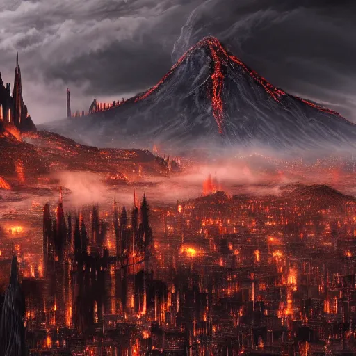 Prompt: mordor as a city, highly detailed, sharp focus, skyline, vast, gothic, lord of the rings, mount doom, 4 k, fantasy