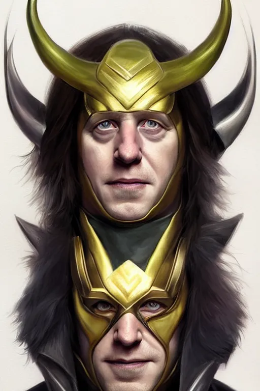 Image similar to Boris Johnson as Loki, realistic portrait, symmetrical, highly detailed, digital painting, artstation, concept art, smooth, sharp focus, illustration, cinematic lighting, art by artgerm and greg rutkowski and alphonse mucha