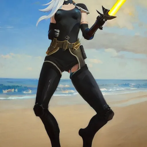 Prompt: greg manchess portrait painting of 2 b nier automata as tracer from overwatch on the beach holding a sword, organic painting, sunny day, matte painting, bold shapes, hard edges, street art, trending on artstation, by huang guangjian and gil elvgren and sachin teng