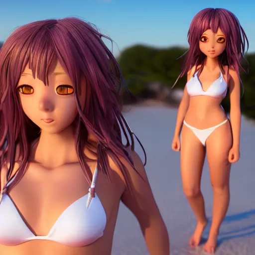 Image similar to Render of a very beautiful 3d anime girl, long pirple hair, hazel eyes, cute freckles, full round face, short smile, white bikini, golden hour, serene beach setting, medium shot, mid-shot, highly detailed, trending on Artstation, Unreal Engine 4k