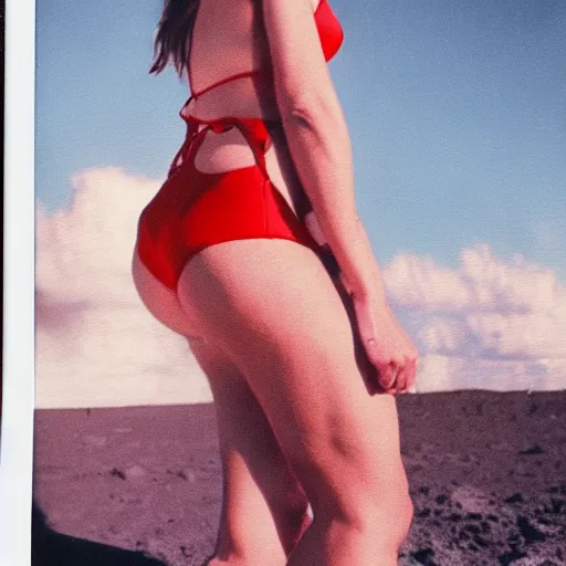 Prompt: vintage polaroid of a woman in a bikini on the surface of the moon landing, detailed clouds, warm azure tones, red color bleed, film grain