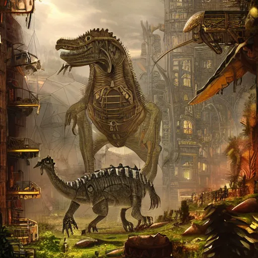 Prompt: a steampunk city where humans and dinosaurs coexist, lot of vegetation, trees, steampunk vehicles, t - rex, raptor, trending on artstation