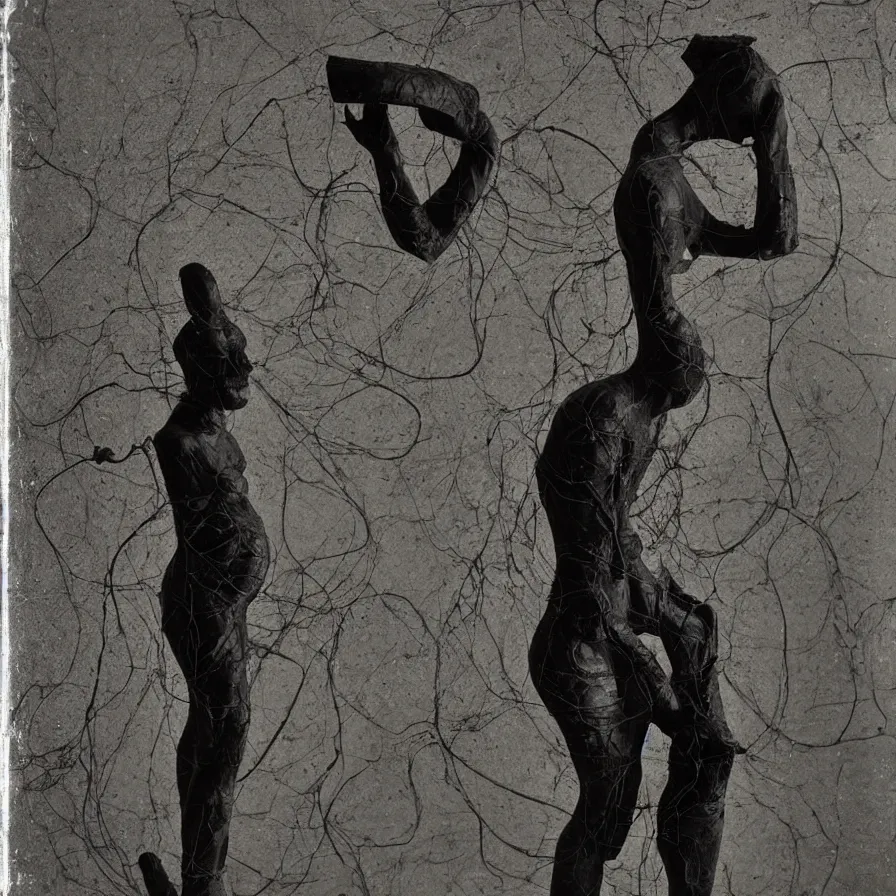 Prompt: extreme harsh lighting antique photograph of biomorphic surreal sculpture of a standing figure of a mourning survivor, made of black plaster and old circuitry and stained with charcoal, fractal 3 d structure, sculpted by alexander rodchenko and eva hesse, photographed by francesca woodman, tragic grainy high contrast shocking detail trending on artstation 8 k