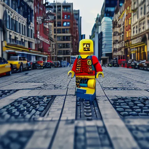 Prompt: hyperrealistic giant enormous lego minifigure walking over city street, street view, epic lighting, composition, view from ground, buildings, cars, sky, road, hd, hyperrealistic