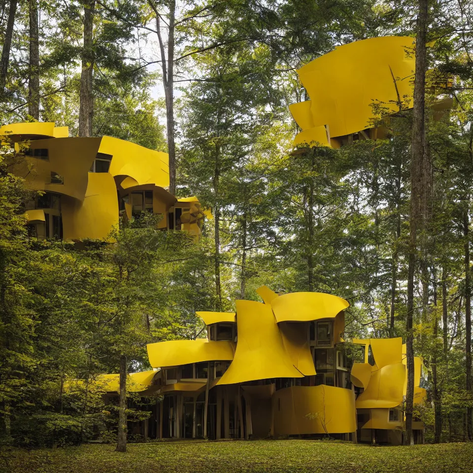 Image similar to architecture ad for a mid-century modern house in the middle of the forrest, designed by Frank Gehry. Film grain, cinematic, colorized, yellow hue