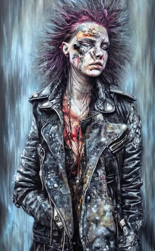 Image similar to acid rain effect, punk rock girl, mad max jacket, post apocalyptic, renaissance, cables on her body, hyper realistic style, oil painting, fantasy by Olga Fedorova