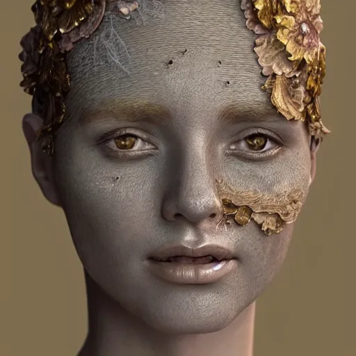 Image similar to beatifull face portrait of a woman, 150 mm, anatomical, flesh, flowers, mandelbrot fractal, facial muscles, veins, arteries, intricate, golden ratio, full frame, microscopic, elegant, highly detailed, ornate, ornament, sculpture, elegant , luxury, beautifully lit, ray trace, unreal, 3d, PBR, in the style of peter Gric , alex grey and Romero Ressendi