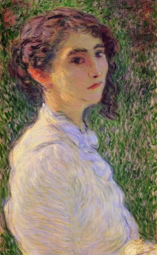 Image similar to portrait by claude monet!! of a lovely woman!! looking at us daydreaming! lake como in background!!!