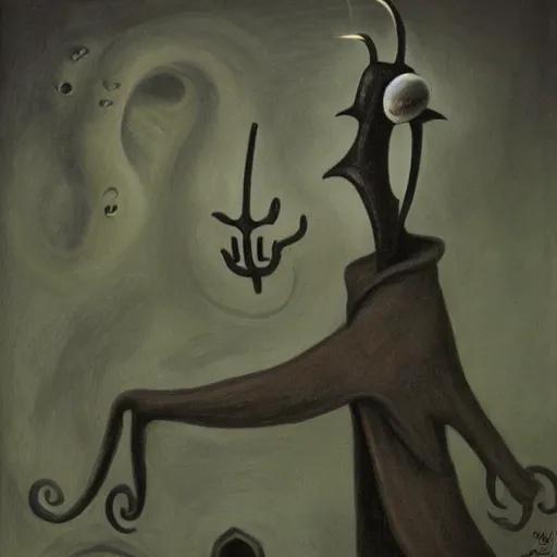 Prompt: squidward as a dark souls boss by Leonora Carrington