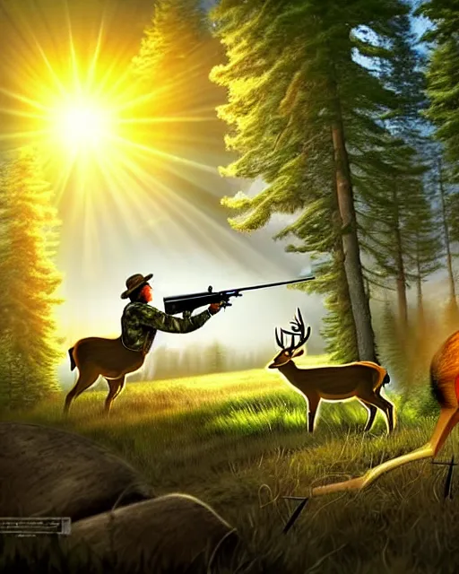 Image similar to a large potato shooting a deer with a rifle in the woods with sun high above and cloudy, ultra realistic, concept art, intricate details, highly detailed