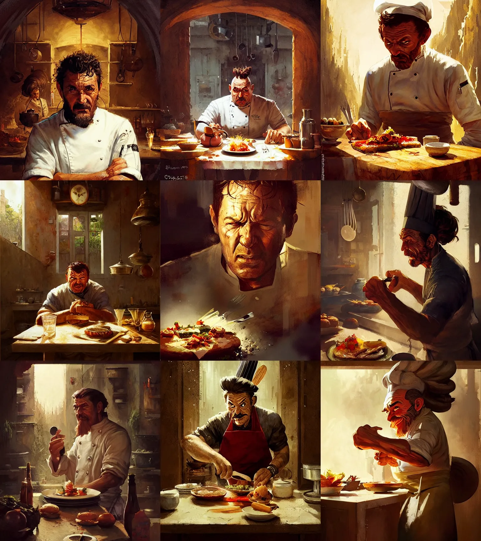 Prompt: a portrait of a chef character in a scenic kitchen environment by marco bucci and greg rutkowski and frank frazetta, sharp focus, detailed, cinematic