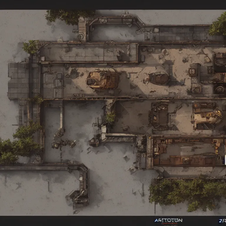 Prompt: 2 d axonometric floor plan view, digital painted rusted dieselpunk tank virtual tabletop asset sheet, view, roll 2 0, 2 - minute tabletop, battle map prop, black background, unity asset store, by greg rutkowski, trending on artstation