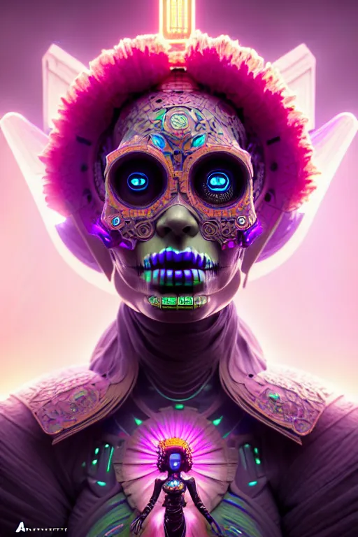 Image similar to ultra detailed female android deity, wearing a cloak, flower punk, scifi, fantasy, octane render, unreal engine, dia de los muertos, asymmetrical intricate concept art, triadic color, art by artgerm and greg rutkowski and alphonse mucha, 8 k