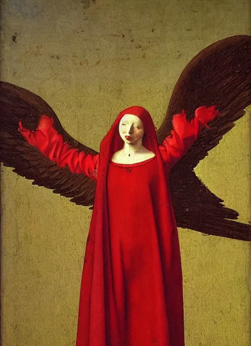 Image similar to Flying Fallen Angel with wings dressed in red, Medieval painting by Jan van Eyck, Johannes Vermeer, Florence