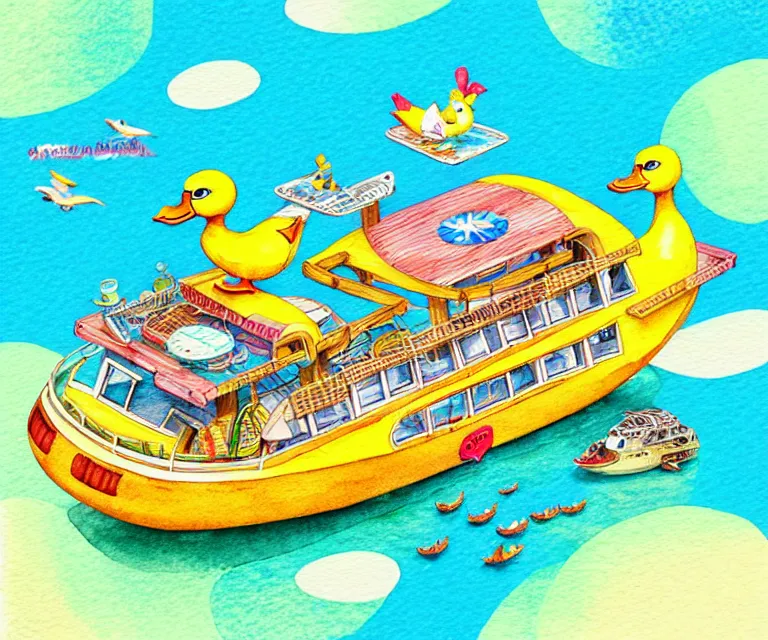 Prompt: cute and funny, duck riding in a tiny caribbean cruise ship, ratfink style by ed roth, centered award winning watercolor pen illustration, isometric illustration by chihiro iwasaki, edited by craola, tiny details by artgerm and watercolor girl, symmetrically isometrically centered