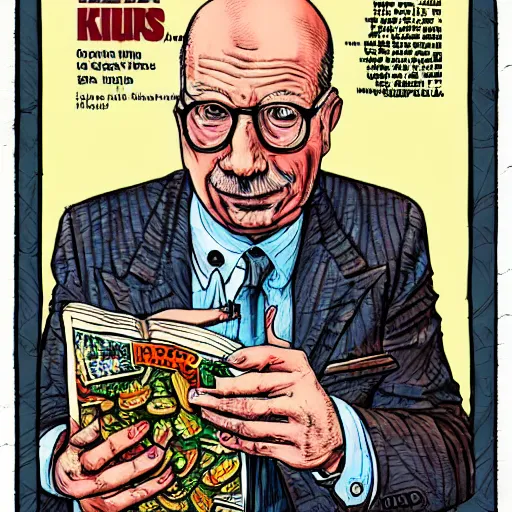 Image similar to The Artwork of R. Crumb and his Cheap Suit Klaus Schwab telling you to eat bugs, pencil and colored marker artwork, trailer-trash lifestyle