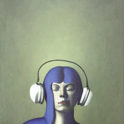 Image similar to a demon listening to headphones by Raphael, Hopper, and Rene Magritte. detailed, romantic, enchanting, trending on artstation.