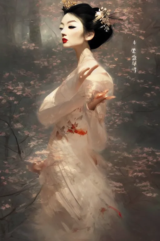 Prompt: geisha prima ballerina, gorgeous, ethereal, intricate, elegant, volumetric lighting, nature scenery, digital painting, highly detailed, artstation, sharp focus, illustration, concept art, ruan jia, steve mccurry