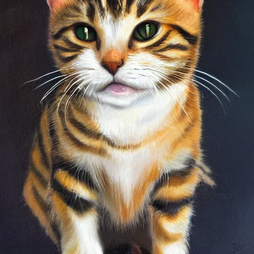 Prompt: oil painting of a small and floppy female tabby cat with white paws, mostly dark coat with black stripes, large, orange - green eyes, sweet, long tail, narrow face with long whiskers