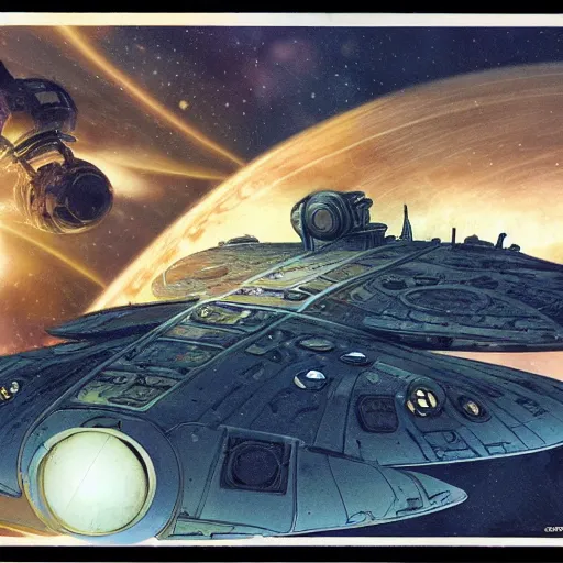 Image similar to a vast steampunk spaceship approaches the wreckage of a derelict starship in deep space by doug chiang and ralph mcquarrie