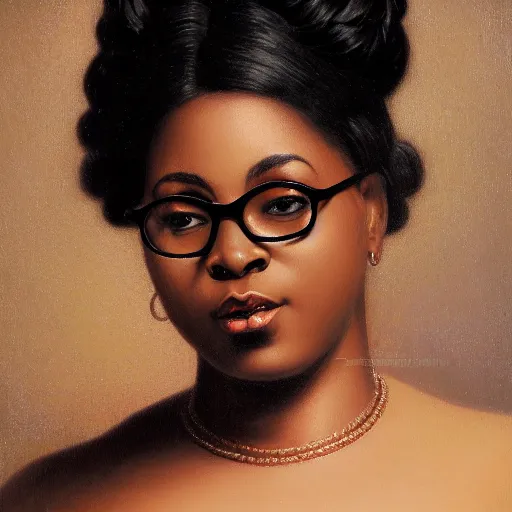 Prompt: body and face portrait of ebony darkskinned vanessa blue as a librarian clothed in beautiful a décolletage neckline and wearing rimmed glasses and kinked hairbun by hajime sorayama and Henryk Siemiradzki and williamim-adolphe bouguereau, orientalist painting, trending on bbwchan, high detail 8k