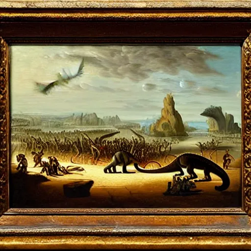 Image similar to A painting of a dinosaur fighting with several cavemen armed with spears, coarse canvas, visible brushstrokes, intricate, extremely detailed painting by Jan van Goyen