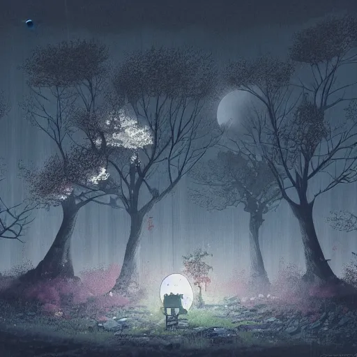 Prompt: a lonely graveyard at night, the moon shine is falling on a specific grave with a sakura tree beneath it, its raining and the atmosphere is oppressive, by aleksandra waliszewska and aoi ogata, high detail concept art, cinematic atmosphere