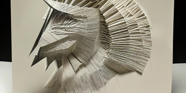 Prompt: a cut paper sculpture of theodore geisel