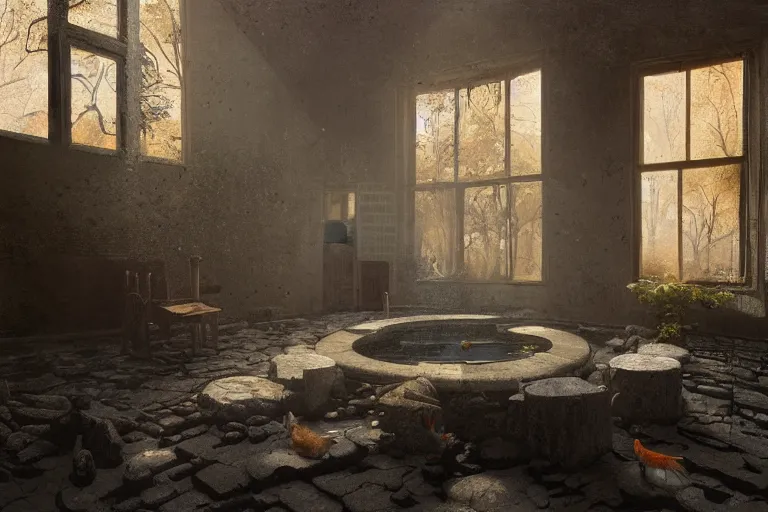 Image similar to the interior of an old abandoned house, a small pond with koi fish in the center of the house. golden rays of sunlight enter through the window., digital art, trending on artstation, matte painting, concept art, drawn by greg rutkowski, inspired by johannes vermeer, cold colors