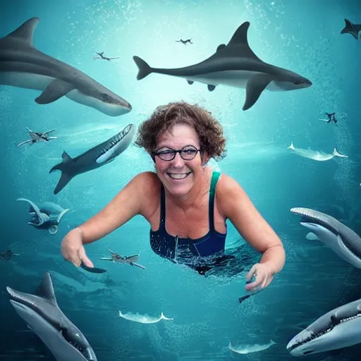 Image similar to digital art, trending on artstation, an athletic woman in her fifties with curly brown hair, swimming smiling in the middle of a rough sea surrounded by sharks, above her, in the night sky there is a star.