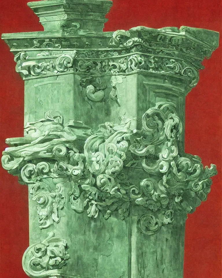 Image similar to achingly beautiful painting of intricate ancient roman corinthian capital on jade background by rene magritte, monet, and turner. giovanni battista piranesi.