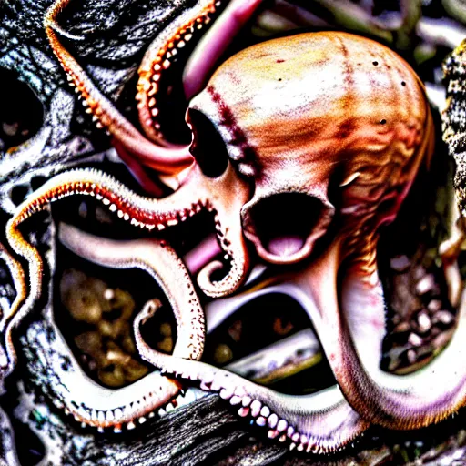 Prompt: an octopus hiding inside a decaying human skeleton, detailed nature photograph