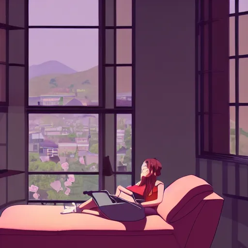 Image similar to girl sits on the sofa and listens to music, the sun shines through the window, highly detailed, 8 k, by kyoto animation