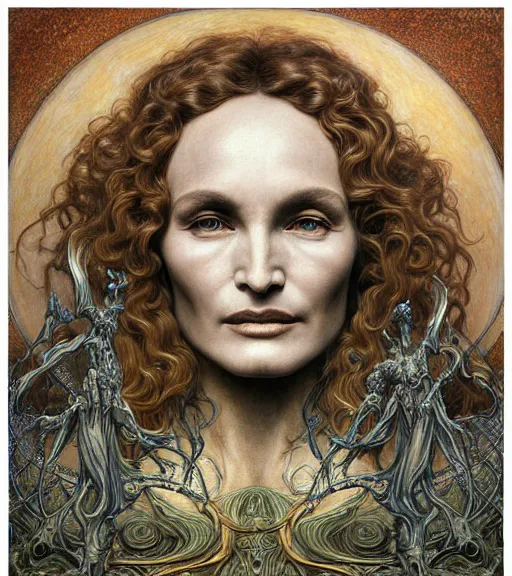 Image similar to detailed realistic beautiful young jessica lange as queen of mars face portrait by jean delville, gustave dore and marco mazzoni, art nouveau, symbolist, visionary, gothic, pre - raphaelite. horizontal symmetry by zdzisław beksinski, iris van herpen, raymond swanland and alphonse mucha. highly detailed, hyper - real, beautiful