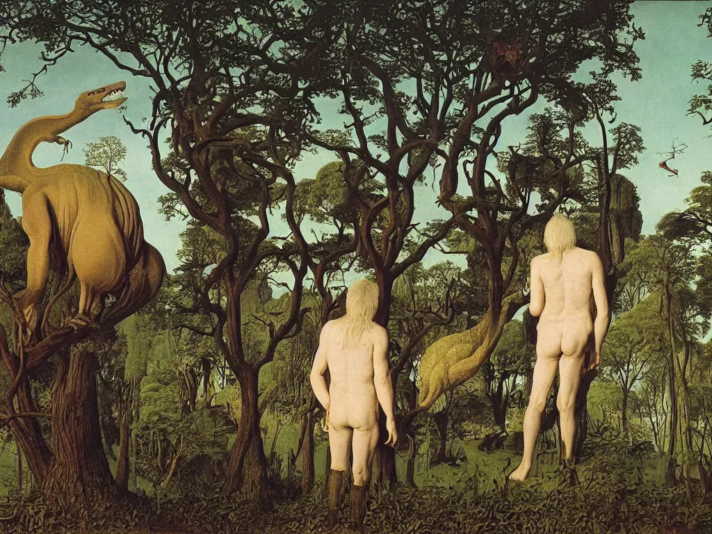 Prompt: albino mystic, with his back turned, looking at a dinosaur over the forest in the distance. Painting by Jan van Eyck, Audubon, Rene Magritte, Agnes Pelton, Max Ernst, Walton Ford
