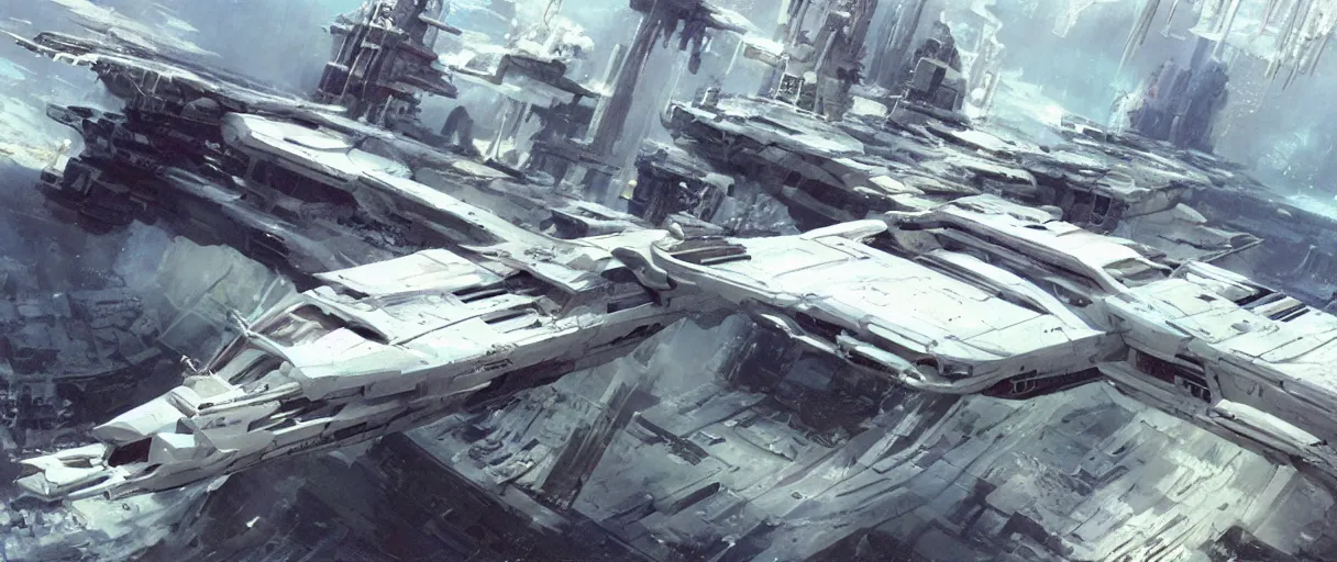 Prompt: huge white spaceship with superstructure deck, by john berkey, detailed sci fi digital matte painting concept art, unreal