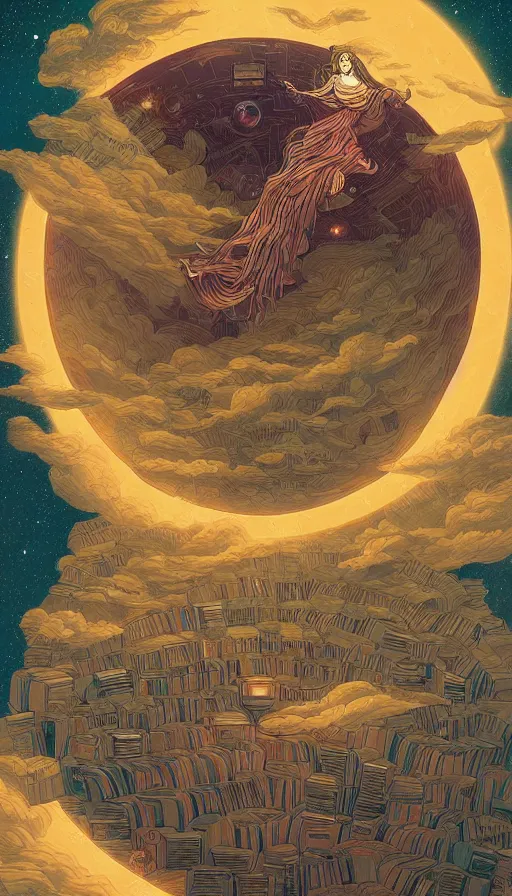 Prompt: the oracle of ancient bibliophiles floating on starlit cosmic cloudscape, futurism, dan mumford, victo ngai, kilian eng, da vinci, josan gonzalez